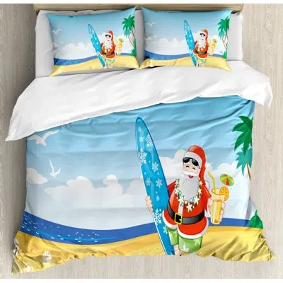 Ambesonne Christmas Santa On Beach With Surfboard Summer Party Celebration Tropical Art Duvet Cover Set In Blue