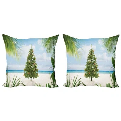 Ambesonne Christmas Throw Pillow Cushion Cover Pack Of 2, Tree Tinsel And Ornaments Tropical Island Sandy Beac