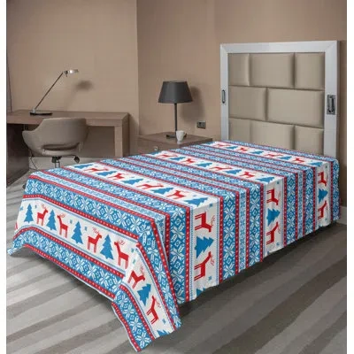 Ambesonne Christmas Top Flat Sheet Folk Knit Style Art Red Blue