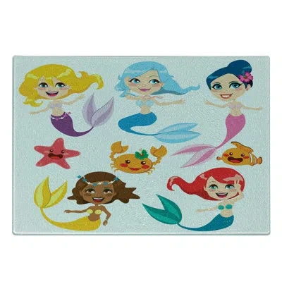 Ambesonne Colorful Tempered Glass Cutting Board Mermaids Sea Friends Multicolor