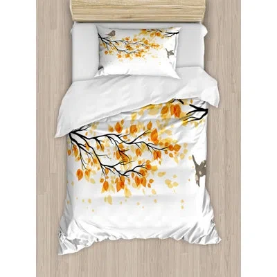 Ambesonne Fall Branch With Pale Leaves And Birds Change In Season Summer Print Duvet Cover Set In Orange,white