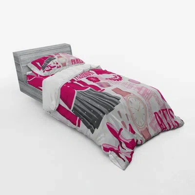 Ambesonne Fashion In Paris With Outfits Dress Watch Purse Perfume Parisienne Landmark Duvet Cover Set In Beige,pink