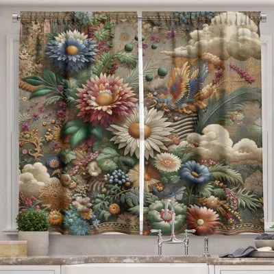 Ambesonne Floral Eucalyptus Kitchen Curtain Art Nouveau Bloom  Sepia Multicolor