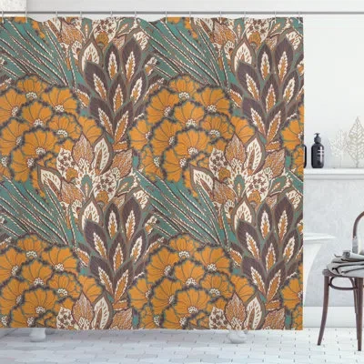 Ambesonne Floral Shower Curtain Flowers And Peacock  Petrol Blue Pale Coffee