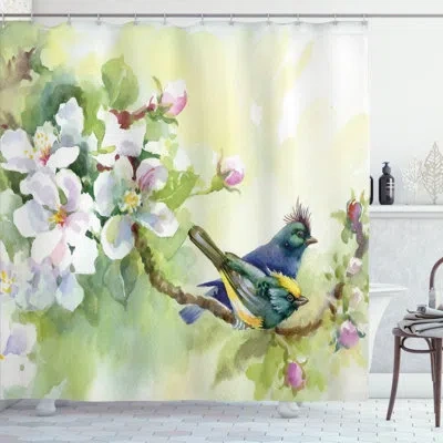 Ambesonne Flowers Shower Curtain Set + Hooks In Reseda Green And Yellow