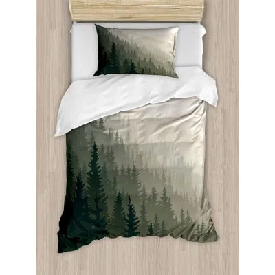 Ambesonne Forest Duvet Cover Set, Scandinavian Nature, Twin, Cream Tan Dark Green