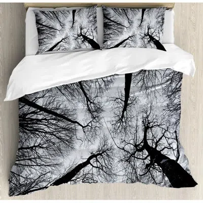 Ambesonne Forest Home Scary Winter Tops Of The Trees Dark Dramatic Silhouettes Enchanted Image Duvet Cover Set In Black