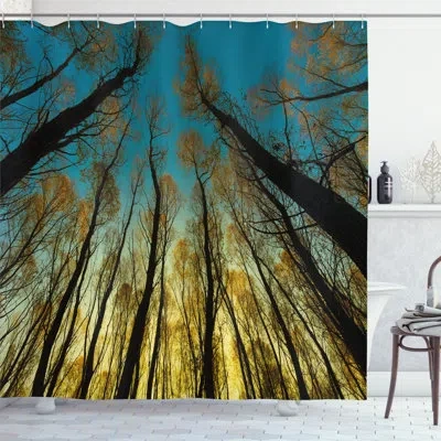 Ambesonne Forest Shower Curtain Trees Sunrise Pastoral  Yellow Blue Black