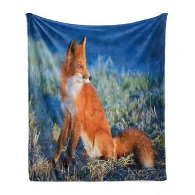 Ambesonne Fox Fleece Throw Blanket Serene Cold Autumn Field Blue White Orange