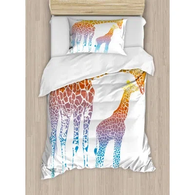 Ambesonne Giraffe Mom And Kid Giraffe In Rainbow Colors Duvet Cover Set In Orange,white