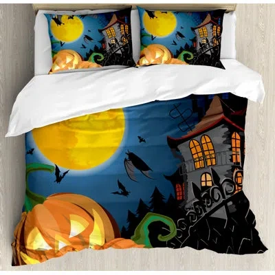 Ambesonne Halloween Blue/orange/gray Microfiber Eclectic Duvet Cover Set In Blue,orange,gray