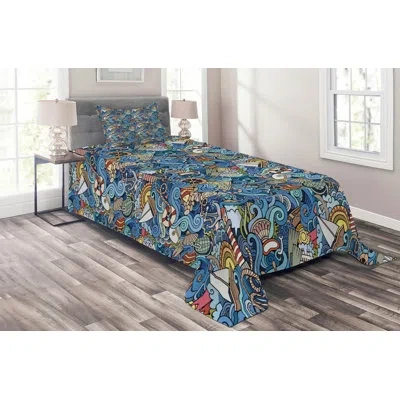 Ambesonne Hypnotic Ocean Blue Microfiber Coastal Coverlet Set