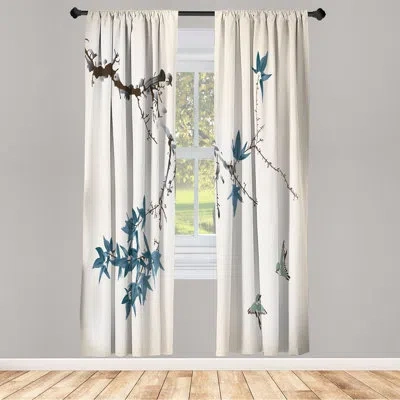 Ambesonne Japanese Curtains Coral Hues Cherry Blossoms Pair In Cadet Blue