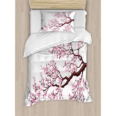 Ambesonne Japanese Floral 2 Piece Duvet Cover Set In Pink Seal Brown