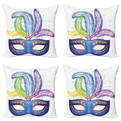 Ambesonne Mardi Gras Throw Pillow Cushion Case Pack Of 4, Blue Ornate Venetian Festival With Feathers Masquera