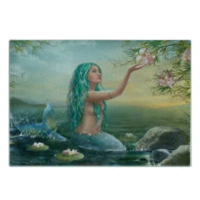 Ambesonne Mermaid Tempered Glass Cutting Board Mermaid And Magnolias Sea Green Petrol Blue