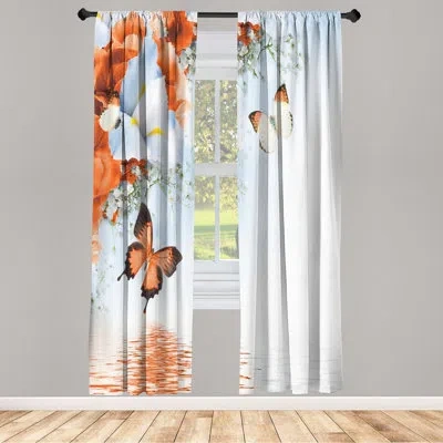 Ambesonne Microfiber Floral Semi-sheer Rod Pocket Curtain Panels In Neon Orange,light Blue