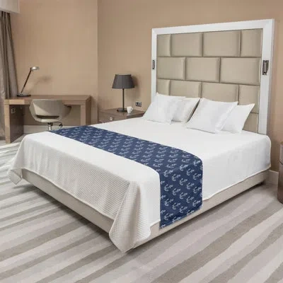 Ambesonne Nautical Bed Runner Striped Anchor Silhouettes Slate Blue And Off White