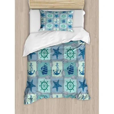 Ambesonne Nautical Patchwork With Rope Starfish Sailing Ship Anchor And Wheel Duvet Cover Set In Turquoise,navy