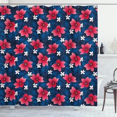 Ambesonne Navy And Blush Shower Curtain Exotic Hibiscus Art Navy Blue Dark Coral