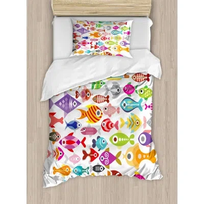 Ambesonne Ocean Animal Rounded Different Size Type Fish Motifs Underwater World Fauna Gills Design Duvet Cover In Purple,red,blue