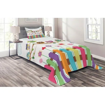 Ambesonne Owls Coverlet Set In Green,brown,pink