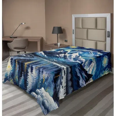 Ambesonne Painting Art Top Flat Sheet Starry Sky Lake Night Royal Blue And Yellow In Blue;black;gray