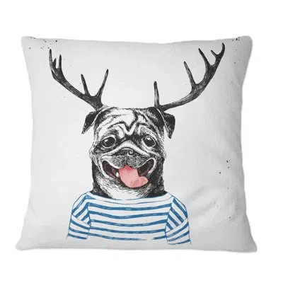 Ambesonne Pug Throw Pillow Cushion Cover, Hipster Dog With Antlers Hand Drawn Surreal Funny Illustration Happy