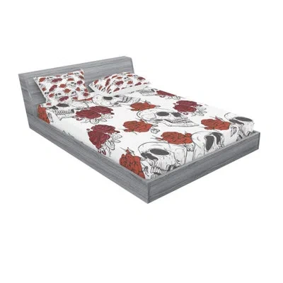 Ambesonne Retro Gothic Dead Head Skeleton With Roses Halloween Spooky Trippy Romantic Sheet Set In Black;red