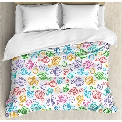 Ambesonne Various Color Repeating Funny Fish Motif Cheerful Aquatic Creatures Underwater Image Duvet Cover Set In Blue;green;purple