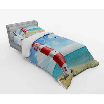Ambesonne Vermilion/blue Microfiber Coastal Duvet Cover Set In Vermilion,blue
