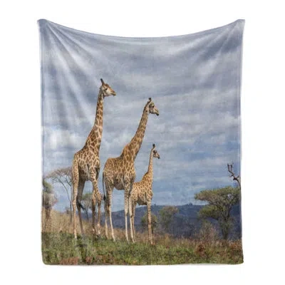 Ambesonne Wildlife Fleece Throw Blanket Giraffe Familytan Blue