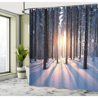 Ambesonne Winter Mystic Appearance Of Sunset In Woodlands With Freezing Nature Artwork, Shower Curtain Set
