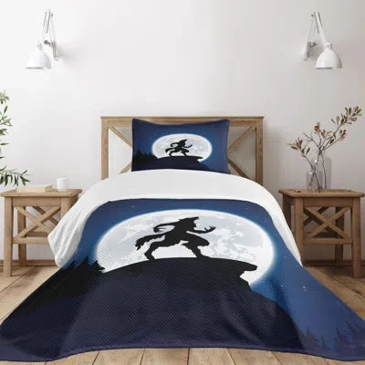 Ambesonne Wolf Bedspread Set 2 Pcs Halloween Theme Design Twin Dark Blue Black White
