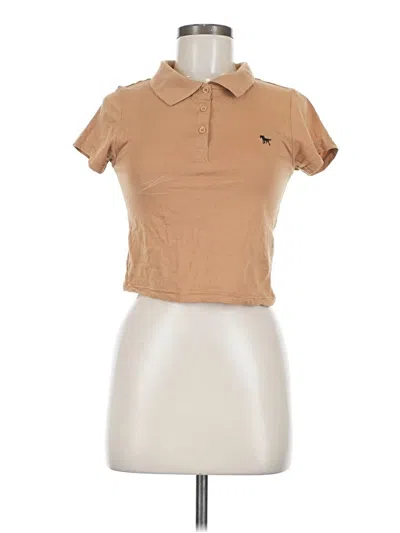 Pre-owned Ambiance Short Sleeve Top Tan Collared Neckline Tops