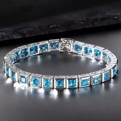 Pre-owned Ambika Women's 7.5 Inches 6.0 Ct Princess Cut Blue Topaz Tennis Bracelet In 925 Silver