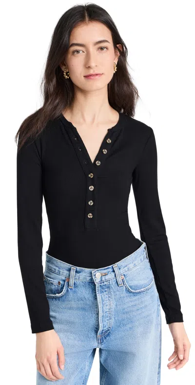 Ambitionist Button Up Ribbed Henley Thong Bodysuit Black