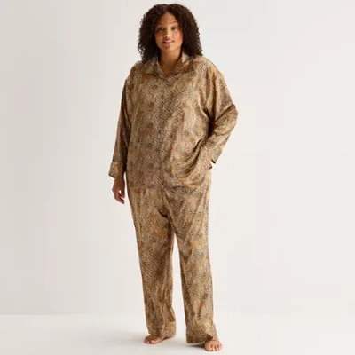 Ambrielle Womens Satin Long Sleeve 2-pc. Plus Pajama Set In Brown