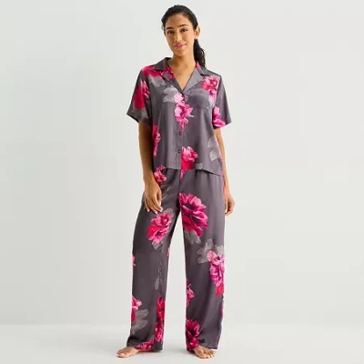 Ambrielle Womens Satin Short Sleeve 2-pc. Pajama Set In Gray