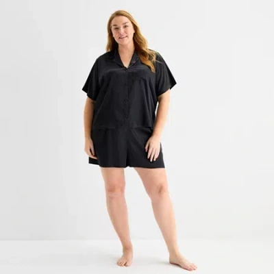 Ambrielle Womens Satin Short Sleeve 2-pc. Plus Pajama Set In Black