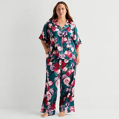 Ambrielle Womens Satin Short Sleeve 2-pc. Plus Pajama Set In Green
