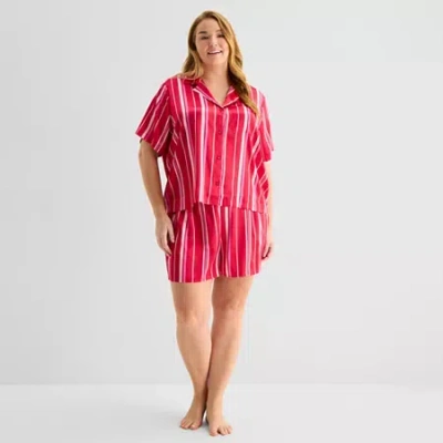 Ambrielle Womens Satin Short Sleeve 2-pc. Plus Pajama Set In Pink