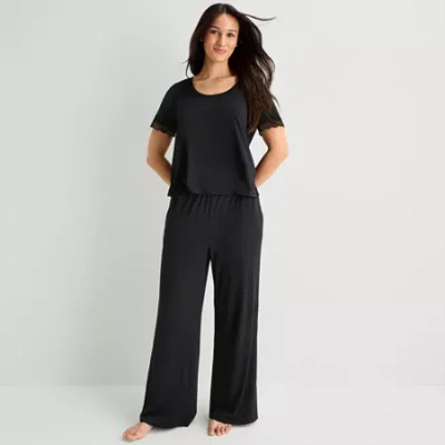 Ambrielle Womens V Neck Short Sleeve Pajama Top In Black