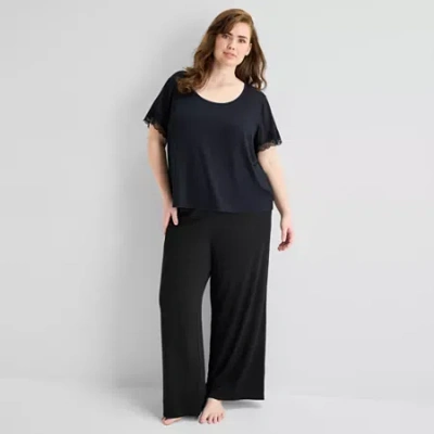 Ambrielle Womens V Neck Short Sleeve Pajama Top In Black