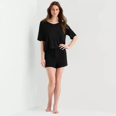 Ambrielle Womens V Neck Short Sleeve Pajama Top In Black