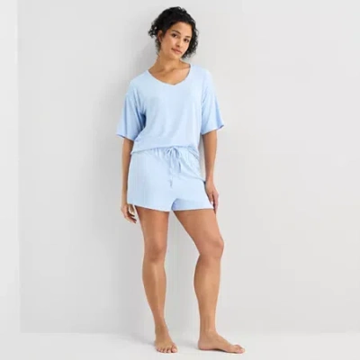 Ambrielle Womens V Neck Short Sleeve Pajama Top In Blue