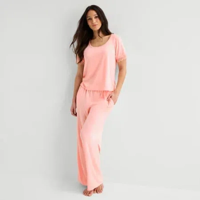 Ambrielle Womens V Neck Short Sleeve Pajama Top In Pink