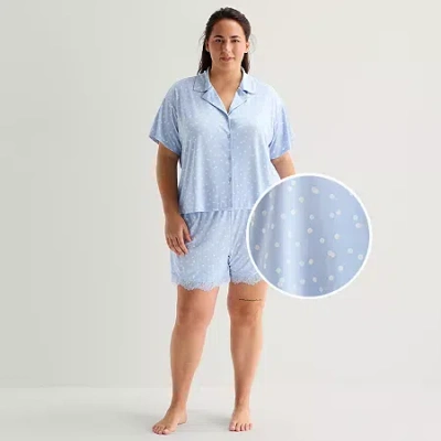 Ambrielle Womens V-neck Short Sleeve 2-pc. Plus Pajama Set In Blue