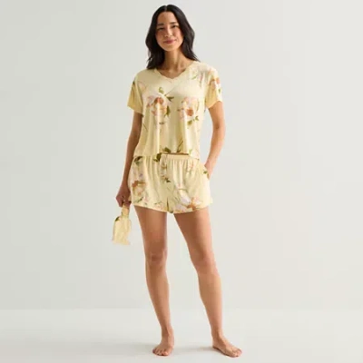 Ambrielle Womens V-neck Short Sleeve 3-pc. Pajama Set In Yellow
