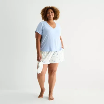 Ambrielle Womens V-neck Short Sleeve 3-pc. Plus Pajama Set In Blue